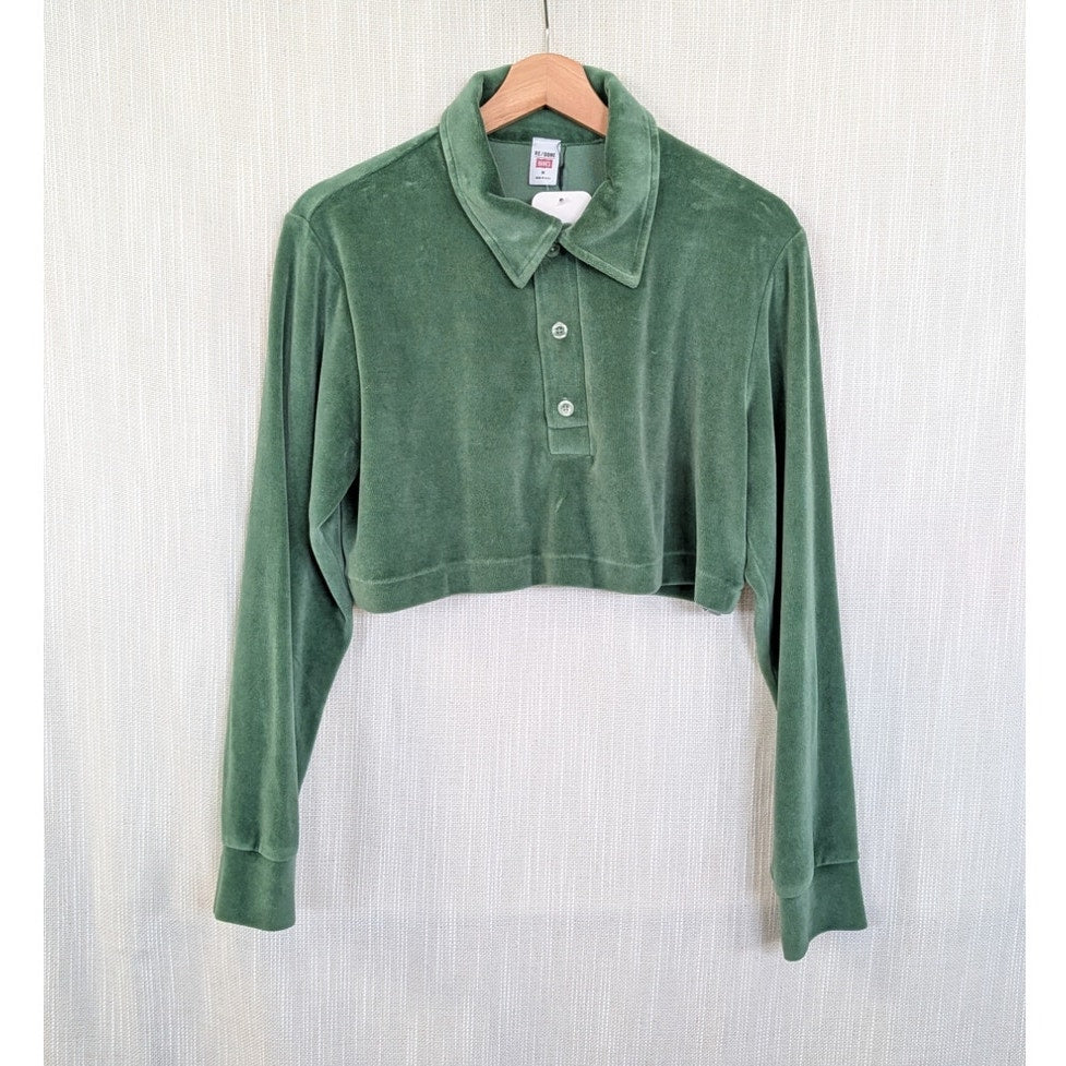 RE/DONE x Hanes Cropped Velour Long Sleeve Polo Top Basil Green Size M NWT