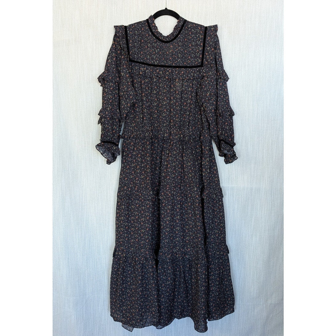 Dôen Clay Midi Dress in Black Marfa Paisley Womens L Tiered Long Sleeve NWT