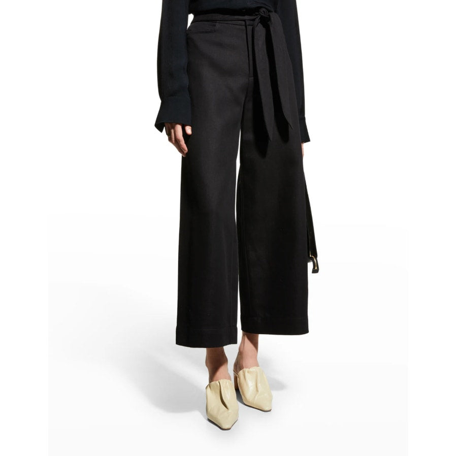 Vince Tie-Front Crop Wide-Leg Pants Womens 4 Black Linen/Cotton High-rise