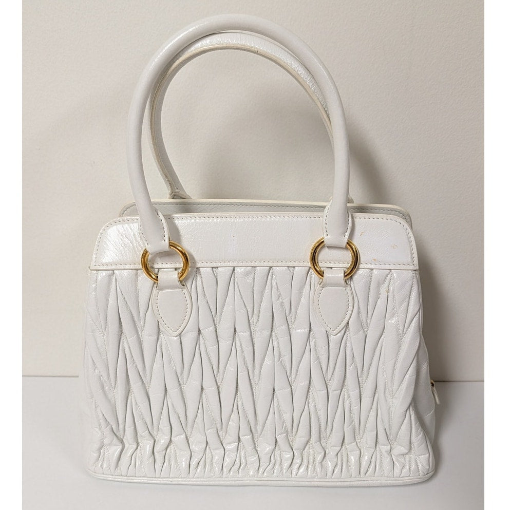 Miu Miu Matelassé Leather Handbag in White Quilted Logo Crossbody Strap