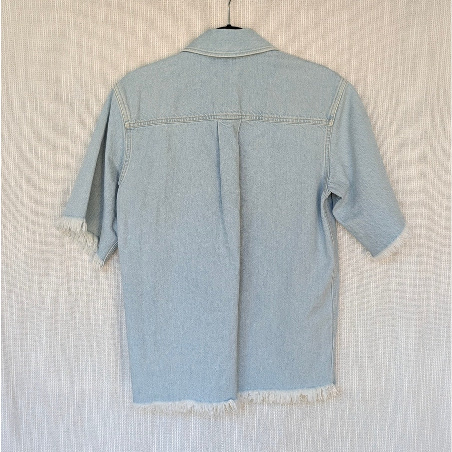 COS Frayed Short-Sleeved Denim Shirt Womens 4 Blue Cotton Contrast Button-Up