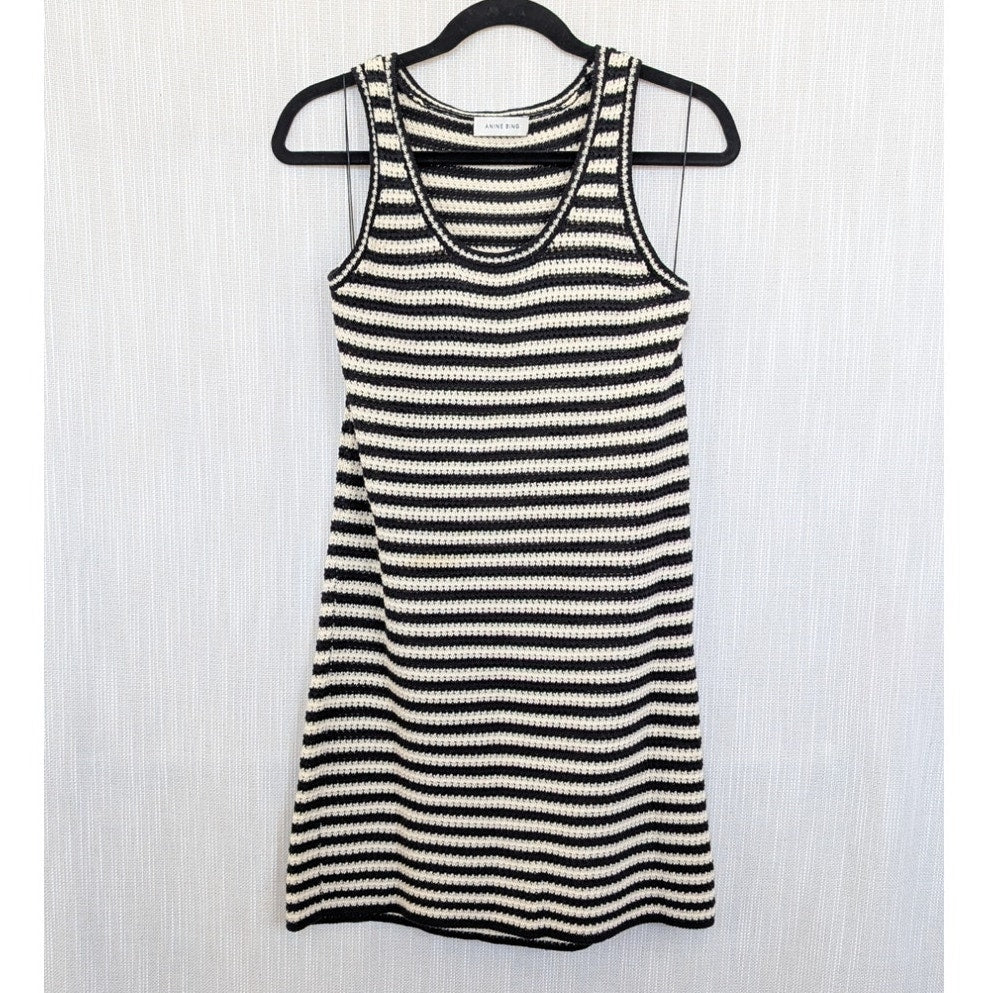 Anine Bing Arie Striped Crochet Knit Mini Dress Womens S Black Sleeveless