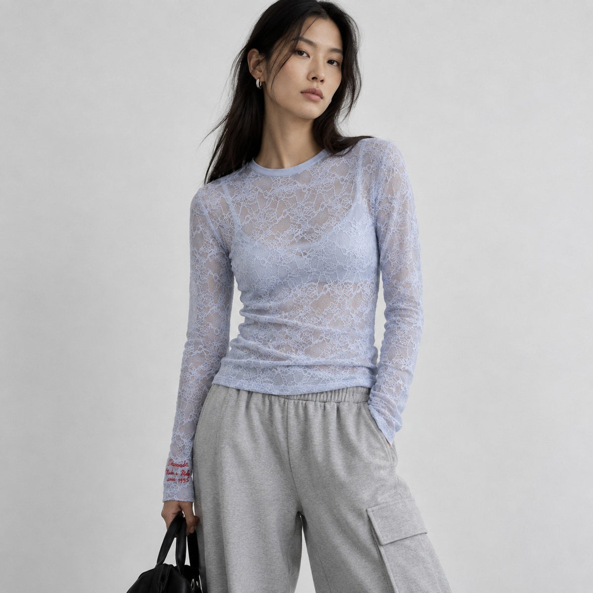 NWT Dsquared2 Underwear Blue Lace Sheer Embroidered Long Sleeve Top, size S