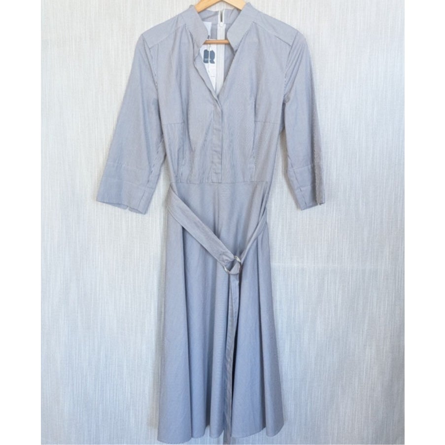 Akris Punto Blue/White Micro Striped Belted Midi Dress Womens 10 NWT