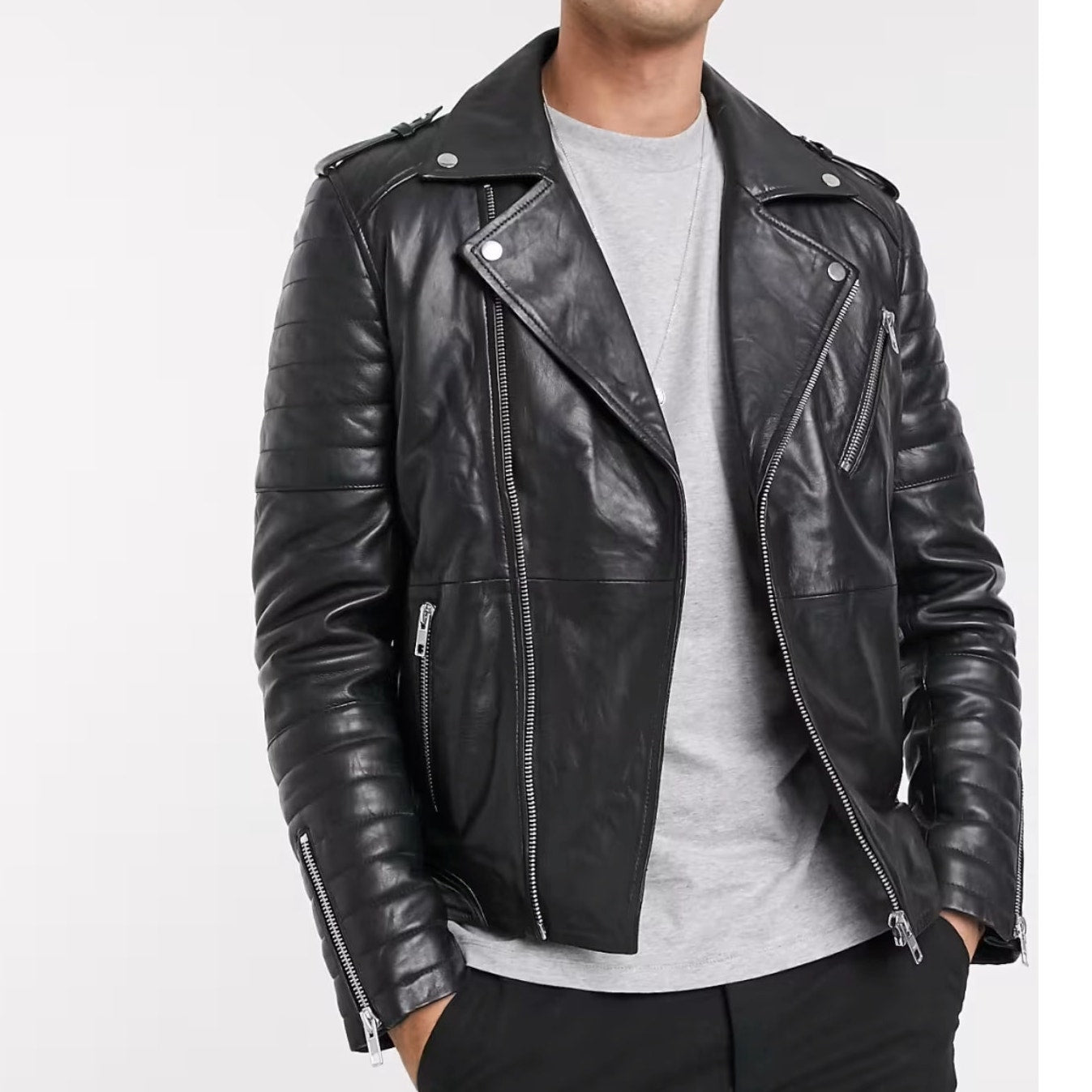 Barneys Men's Originals Black Leather Moto Biker Full Zip Jacket, size M