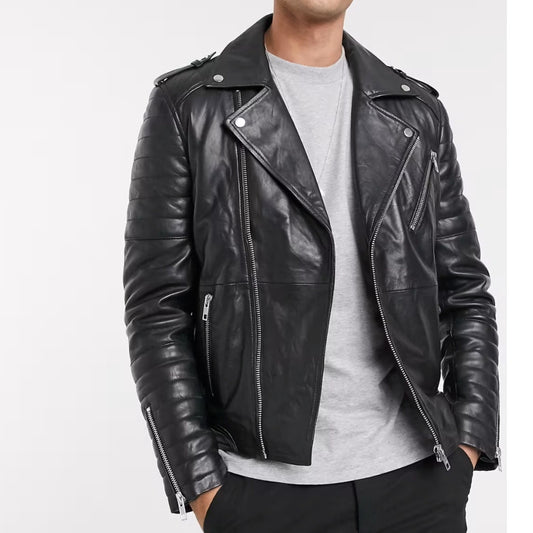 Barneys Men's Originals Black Leather Moto Biker Full Zip Jacket, size M
