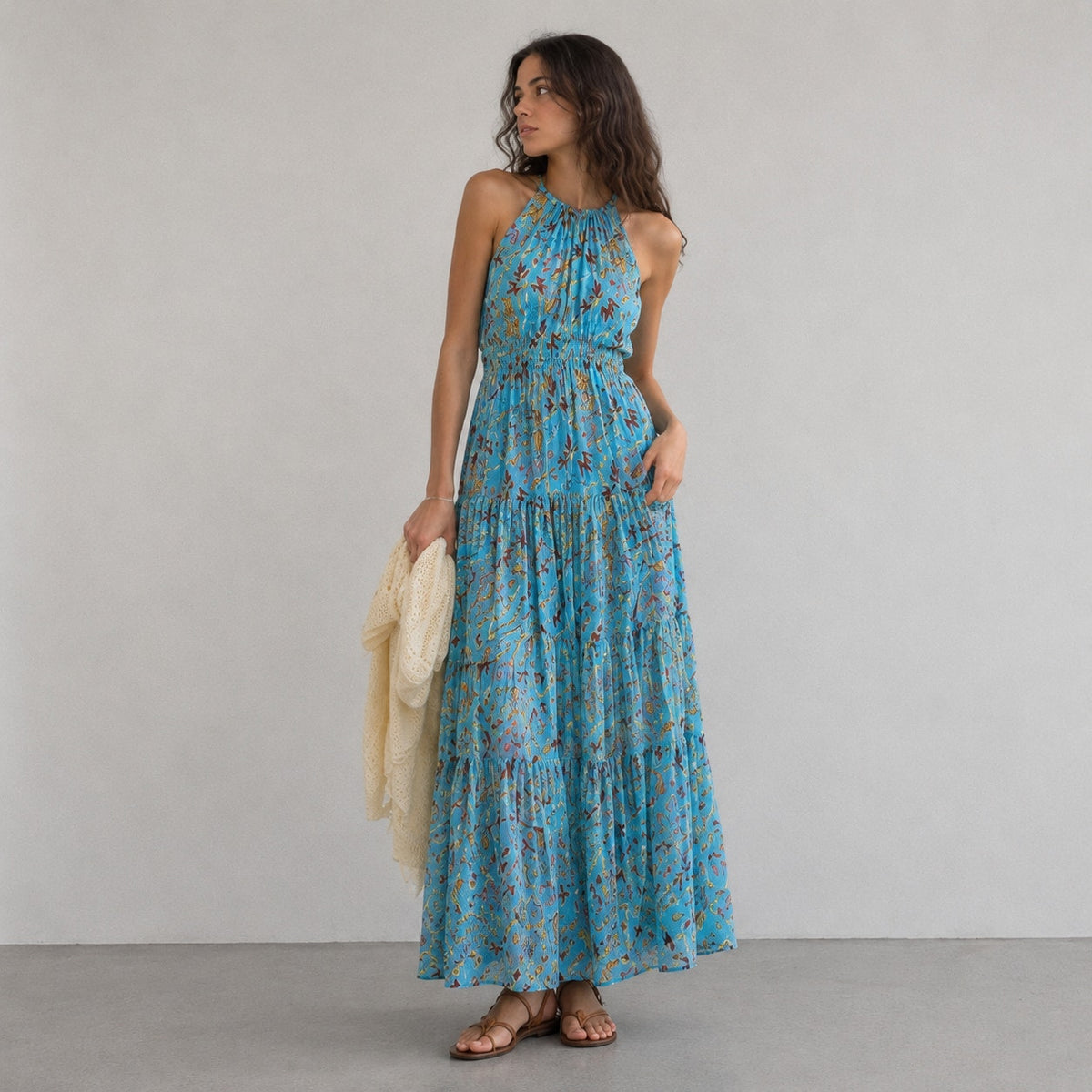 A.L.C Elara Printed High-neck Tiered Midi Dress Womens 10 Multi Floral Silk NWT