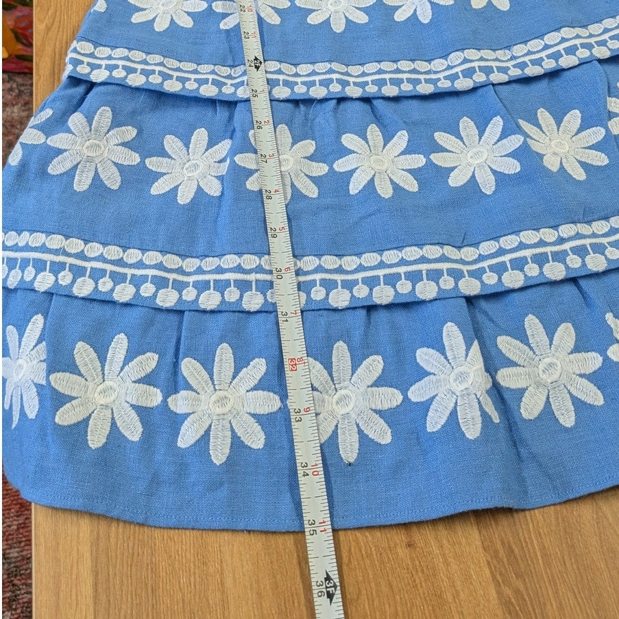 STS Sail to Sable Blue White Embroidered Floral Linen Sleeveless Mini Dress XS