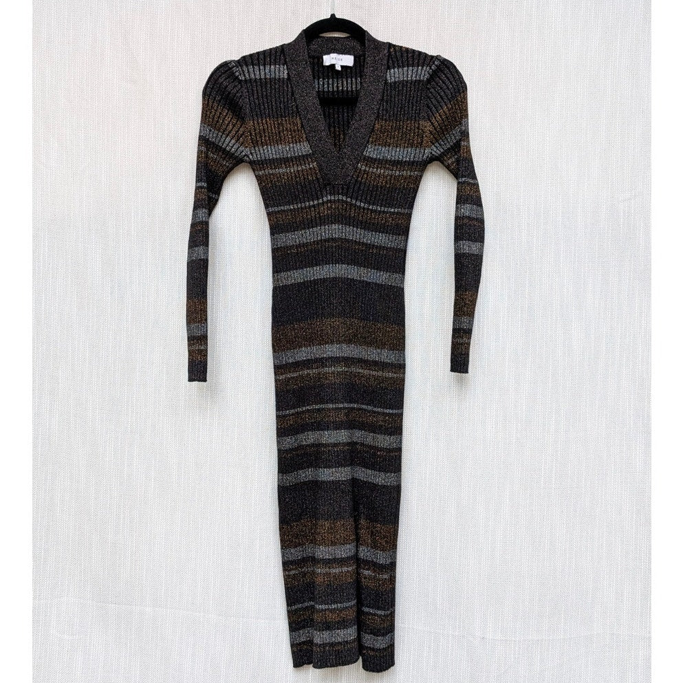 Reiss Sassy Metallic-Stripe Knit V-neck Long Sleeve Bodycon Midi Dress, size S