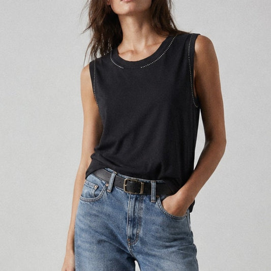 Monrow (Revolve) Embellished 100% Cotton Stretchy Black Tank Top, size XS