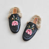 Gucci Black Leather Fur Loafers Embroidered Princetown Flat Slipper Mules