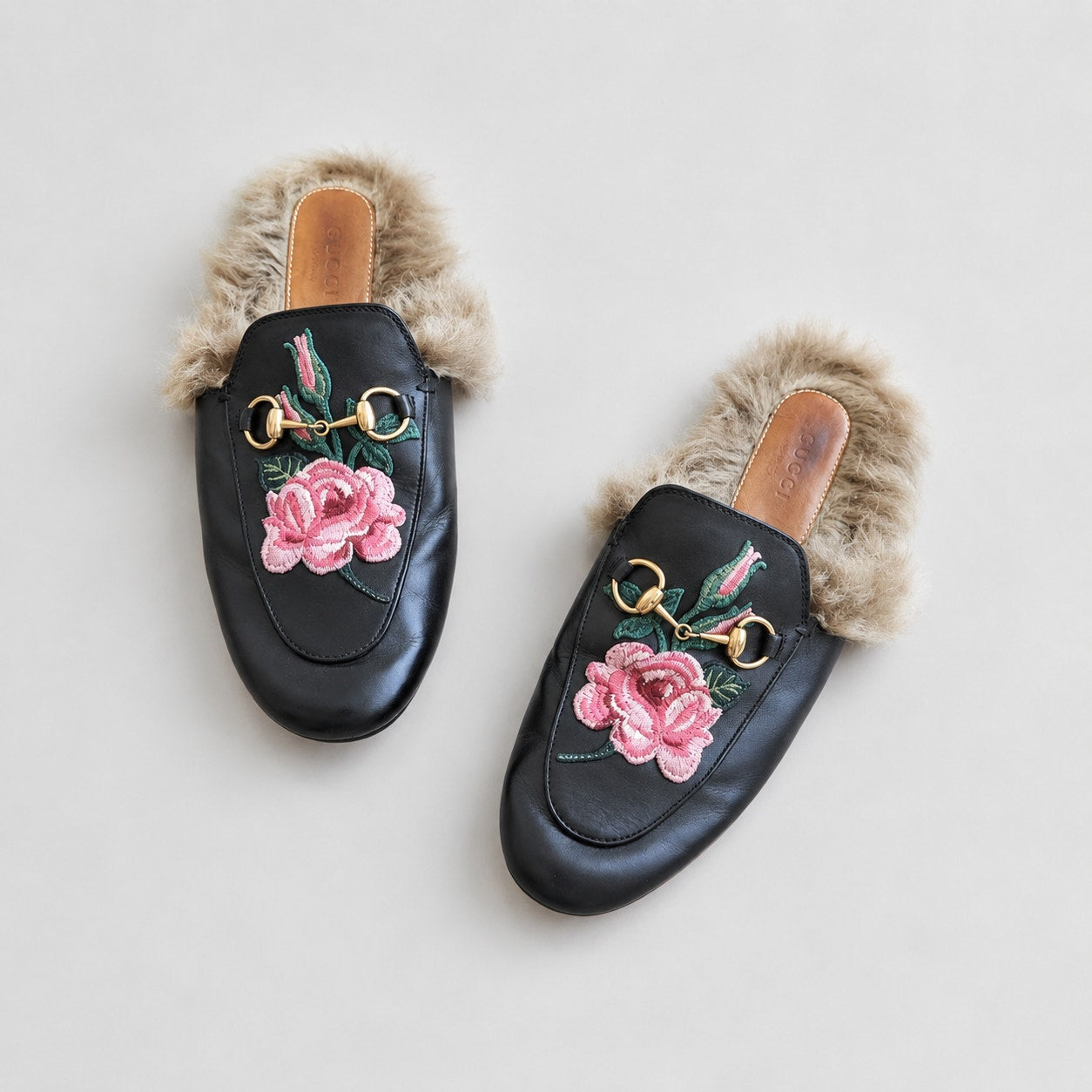 Gucci Black Leather Fur Loafers Embroidered Princetown Flat Slipper Mules