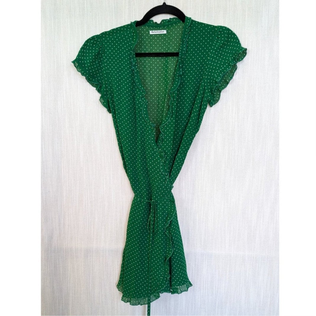 Reformation Sicilia Green Polka Dot Ruffle V-neck Wrap Mini Dress S