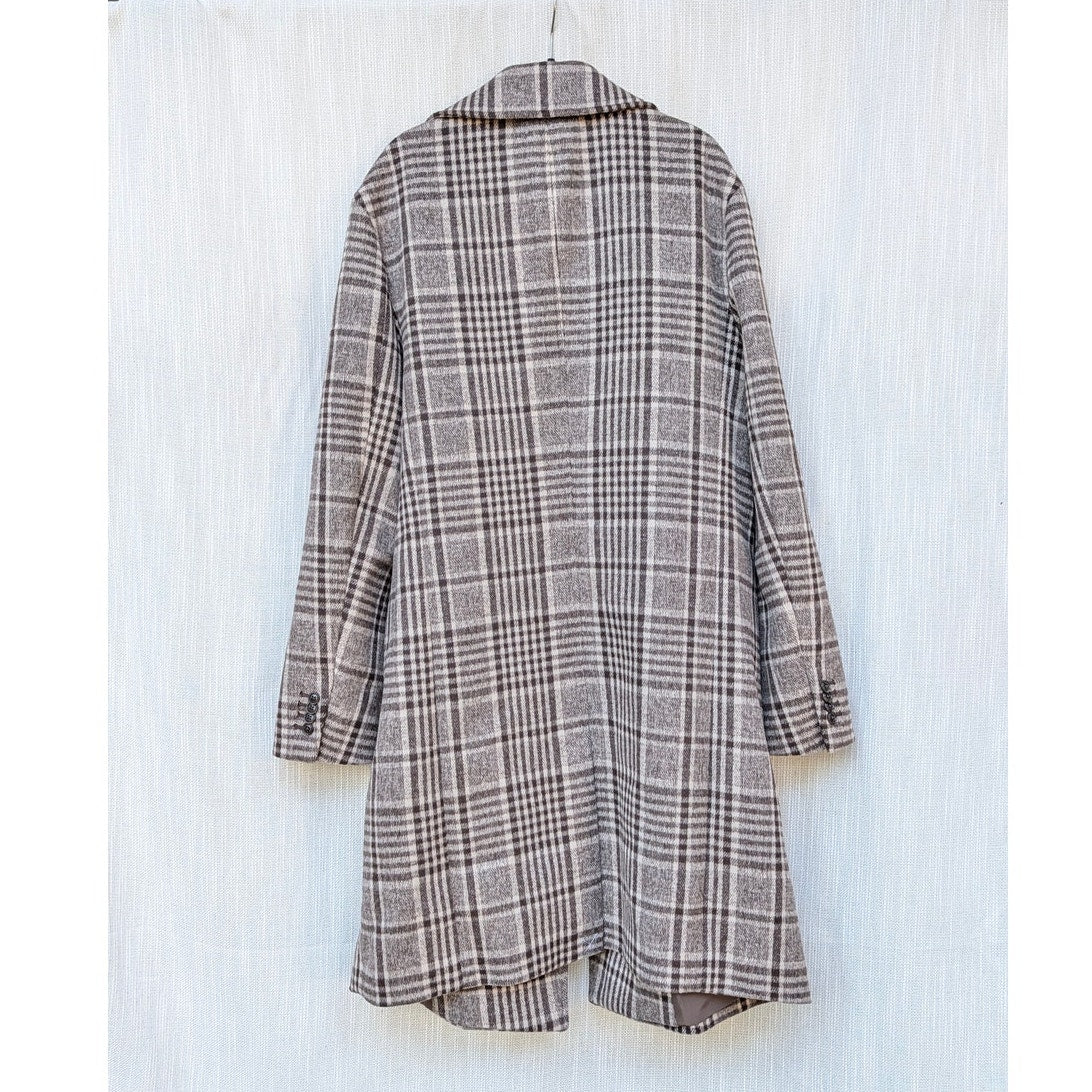 Express Plaid Double-Breasted Wool-Blend Topcoat Unisex Mens L Brown Long NWT
