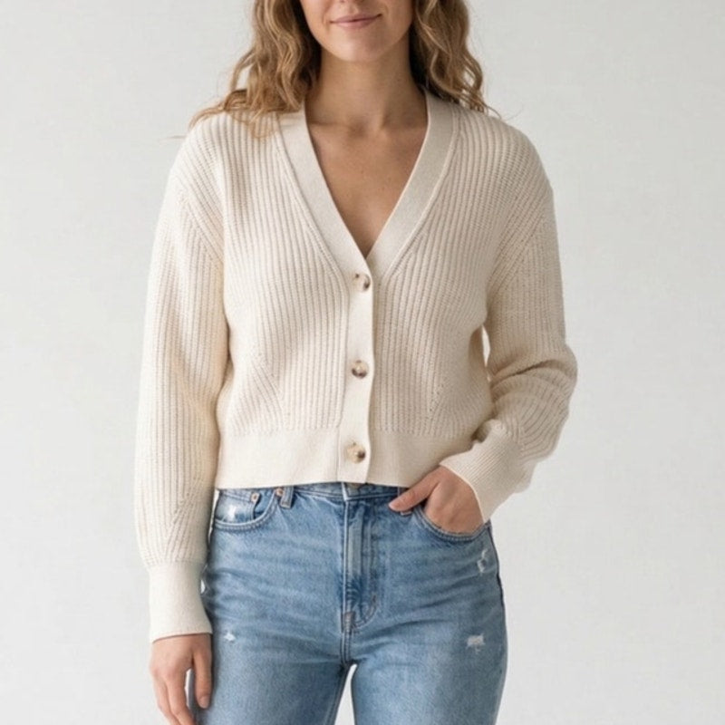 & Other Stories Short Cardigan Womens S Cream Boxy Oversized Rib Knit Button