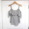 Veronica Beard Grant Cold Shoulder Gray/White V-Neck Button Striped Top, size 8