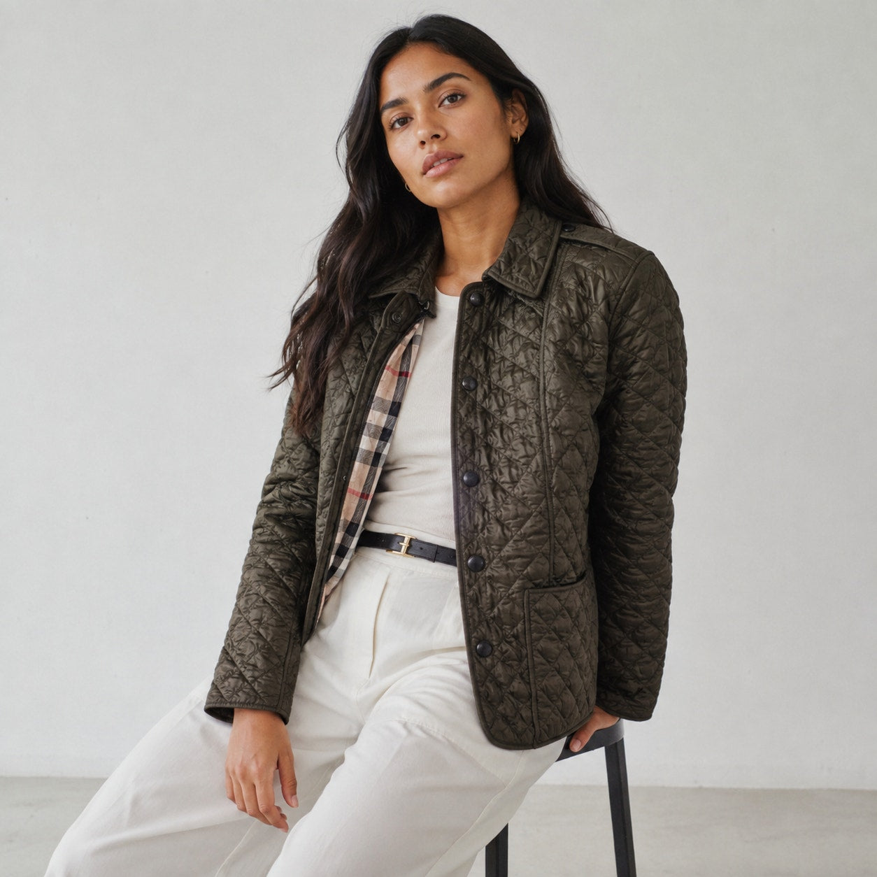 Burberry Quilted Jacket Coat Women's L Green Button Front Long Sleeve Checked