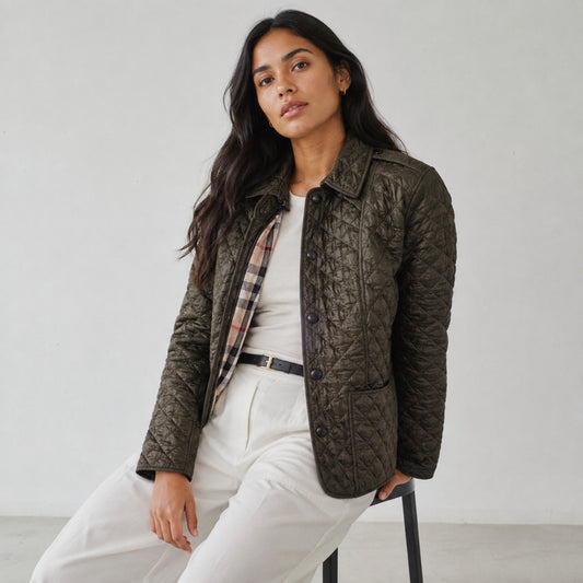Burberry Quilted Jacket Coat Women's L Green Button Front Long Sleeve Checked