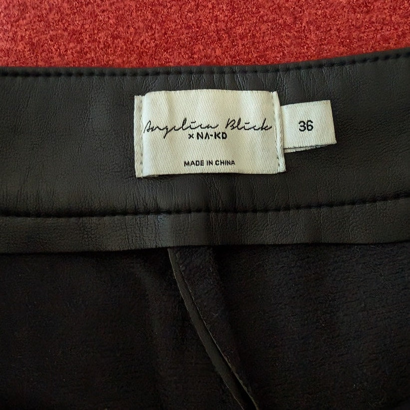 NA-KD x Angelica Blick Black Faux Leather PU Mid Rise Pants, size 36/US 6/S