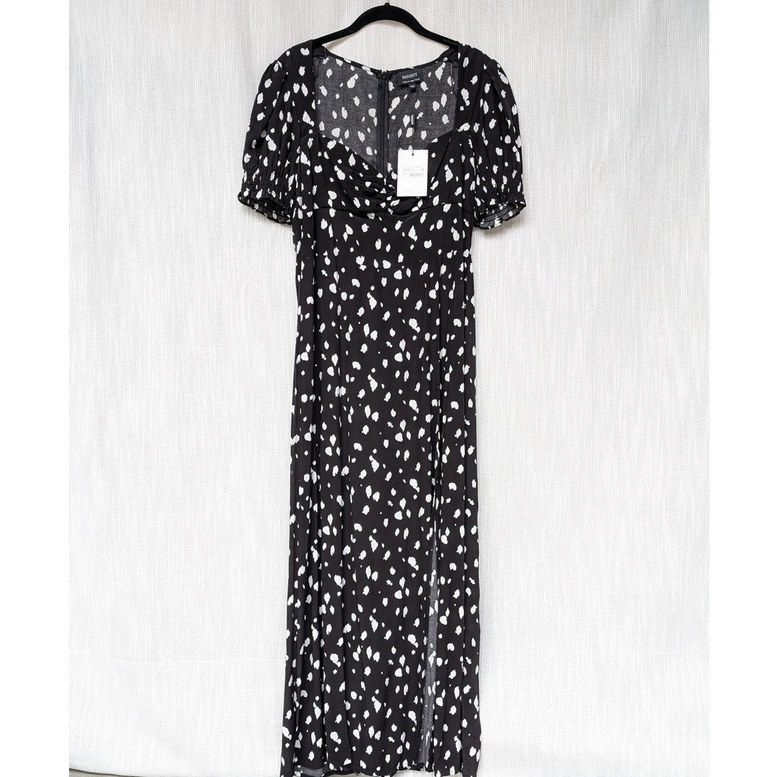 NWT Bardot Millie Black Abstract Spot Short Sleeve Midi Maxi Dress, size 6/S