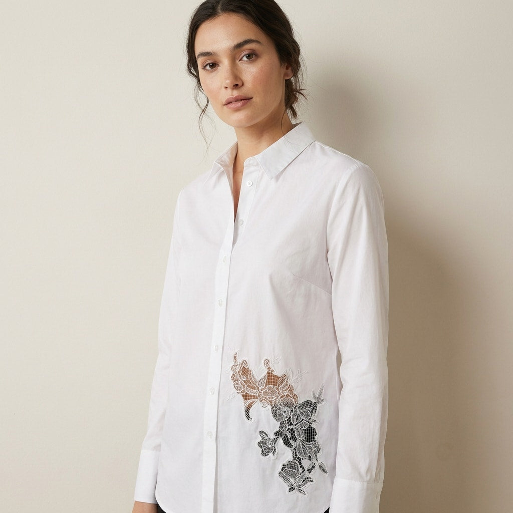 NWT Ellen Tracy White Lace Embroidered Flower Poplin Button-Up Shirt, Size L