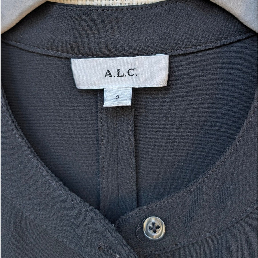 A.L.C. Markle Top Blouse Womens 2 Black Crewneck Button-up Long Sleeve