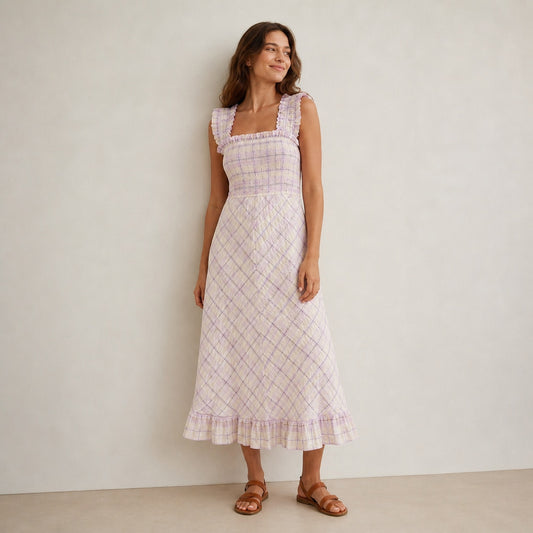 Ganni Orchid Bloom Seersucker Check Dress EU 42/US 10 Sleeveless Midi Maxi