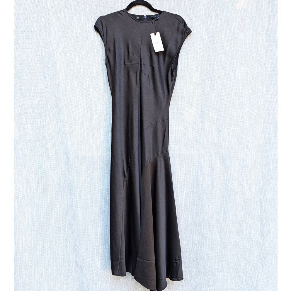 Ted Baker Frasia Asymmetrical Midi Dress Womens 2/US 6 Black Short Sleeve NWT