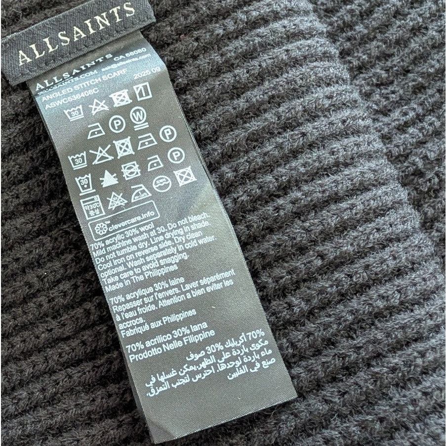 AllSaints Black Knit Winter Set Beanie Scarf Gloves 30% Wool Womens