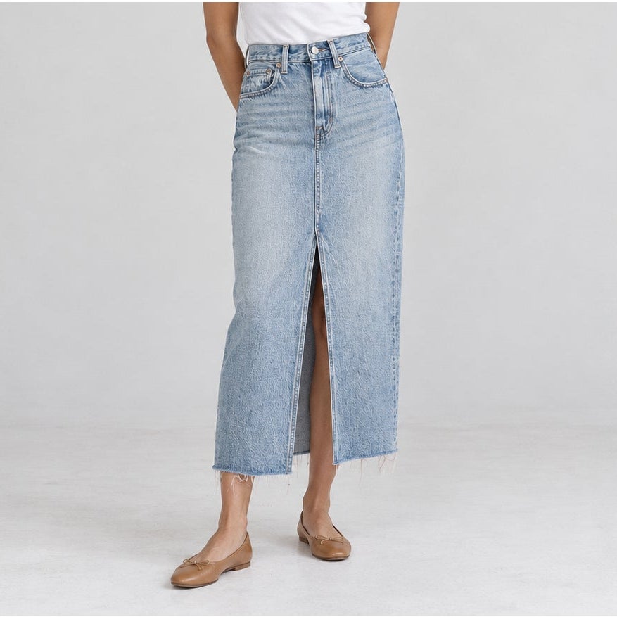 Pistola Alice Denim Midi Skirt Brooklyn Light Blue Front Slit Raw Hem Size 24