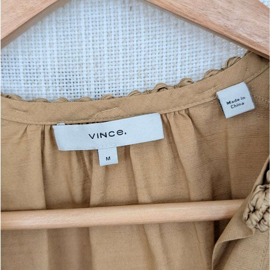 Vince Braided Trim Long-Sleeve Cotton Blouse in Jute Womens M Tan V-neck Top