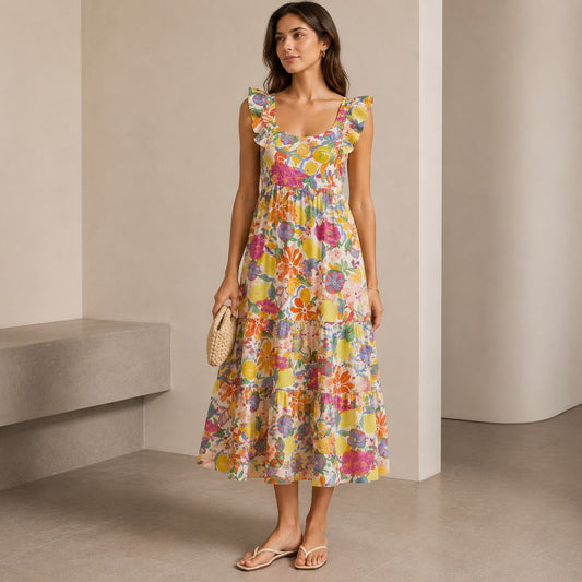 Aqua Floral Maxi Dress Womens 2XL Multi Sleeveless Tiered Tie Cutout Back Midi