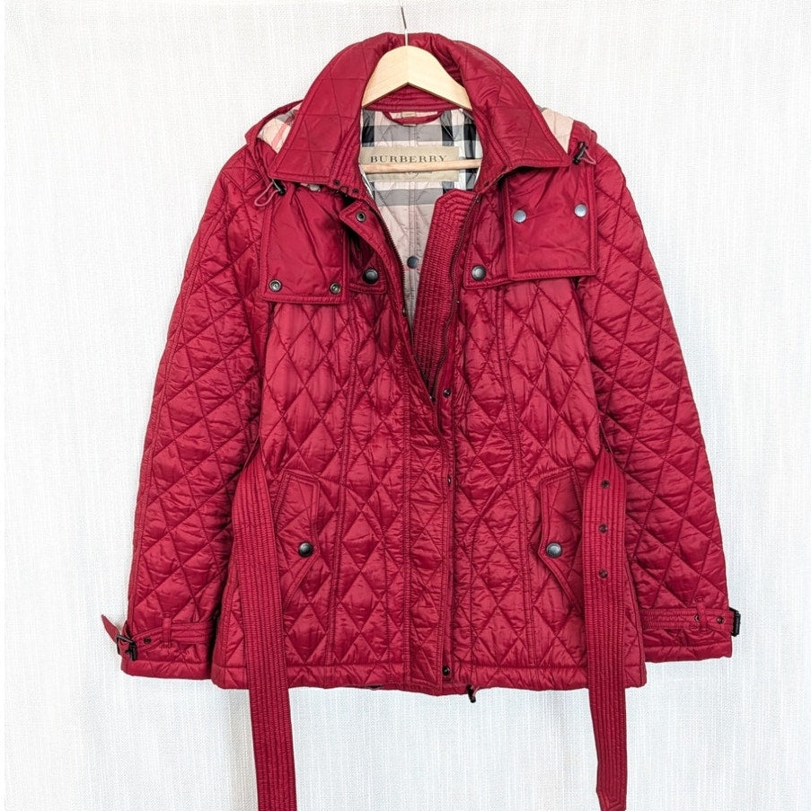 Burberry Finsbridge Red Quilted Hooded Belted Jacket Womens L Full Zip