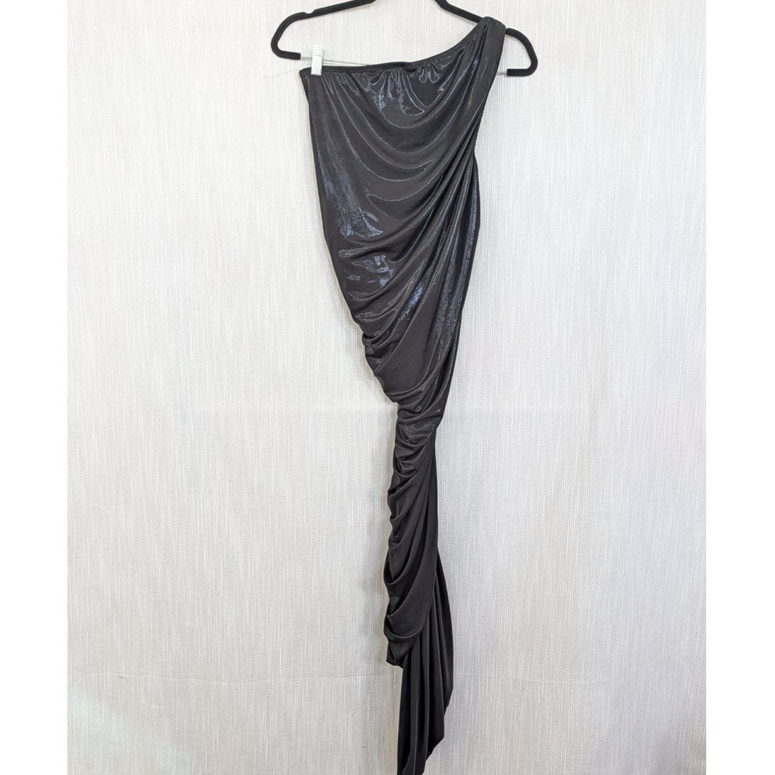 Norma Kamali Diana Gown Black Metallic One Shoulder Asymmetrical Midi Dress S/36