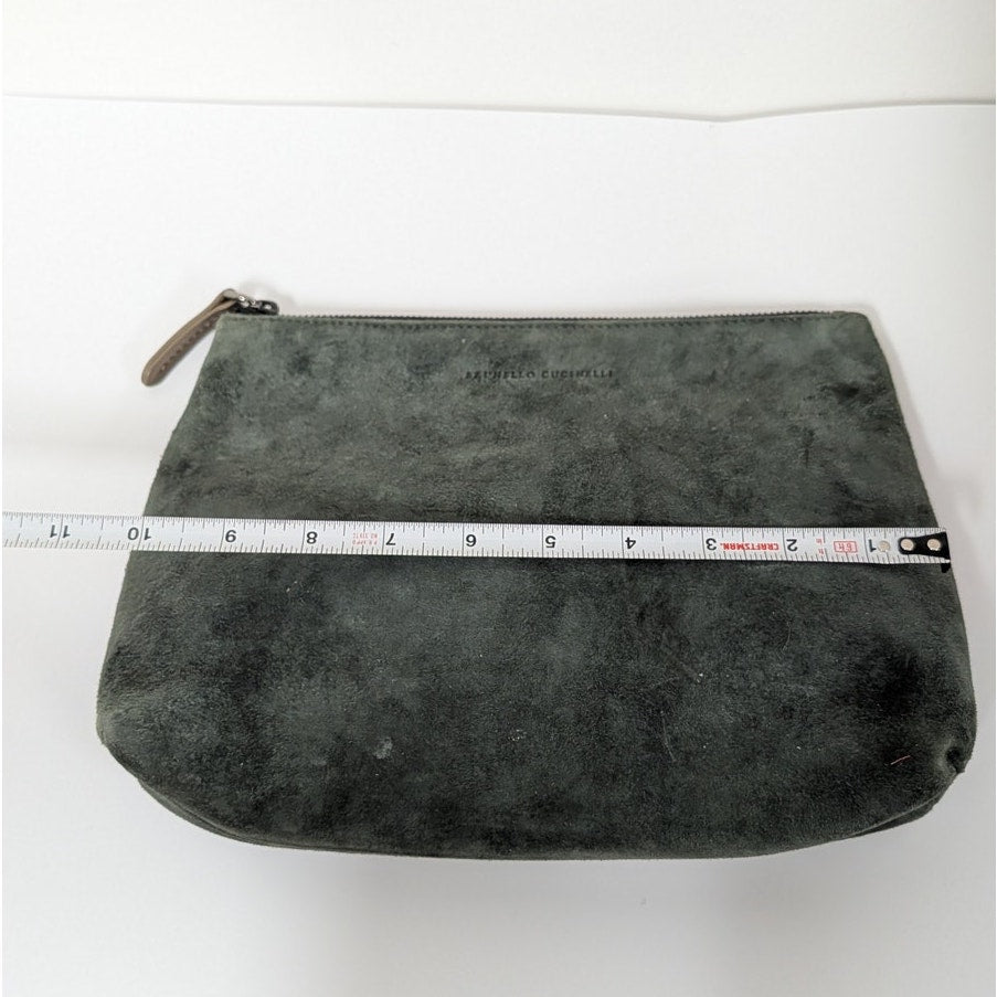 Brunello Cucinelli Green Suede Leather Pouch Cosmetic Bag Rare Womens Zipper
