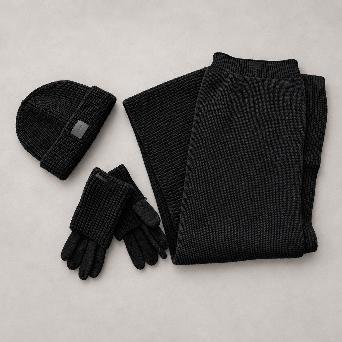AllSaints Black Knit Winter Set Beanie Scarf Gloves 30% Wool Womens