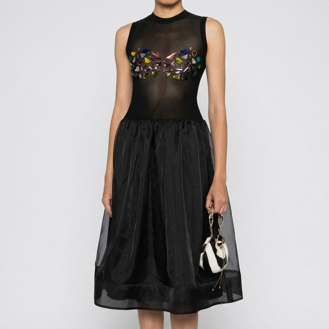 Cynthia Rowley Gems Mesh Organza Drop Waist Midi Dress Womens 8 Black NWT