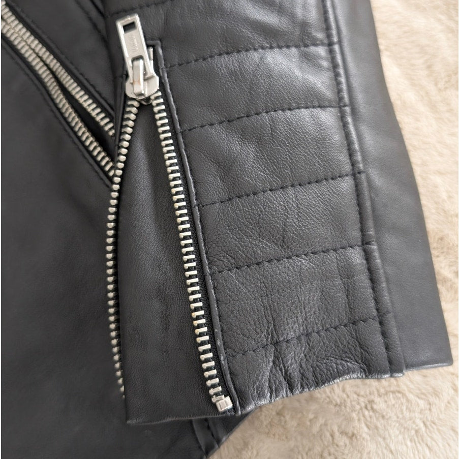 Barneys Men's Originals Black Leather Moto Biker Full Zip Jacket, size M