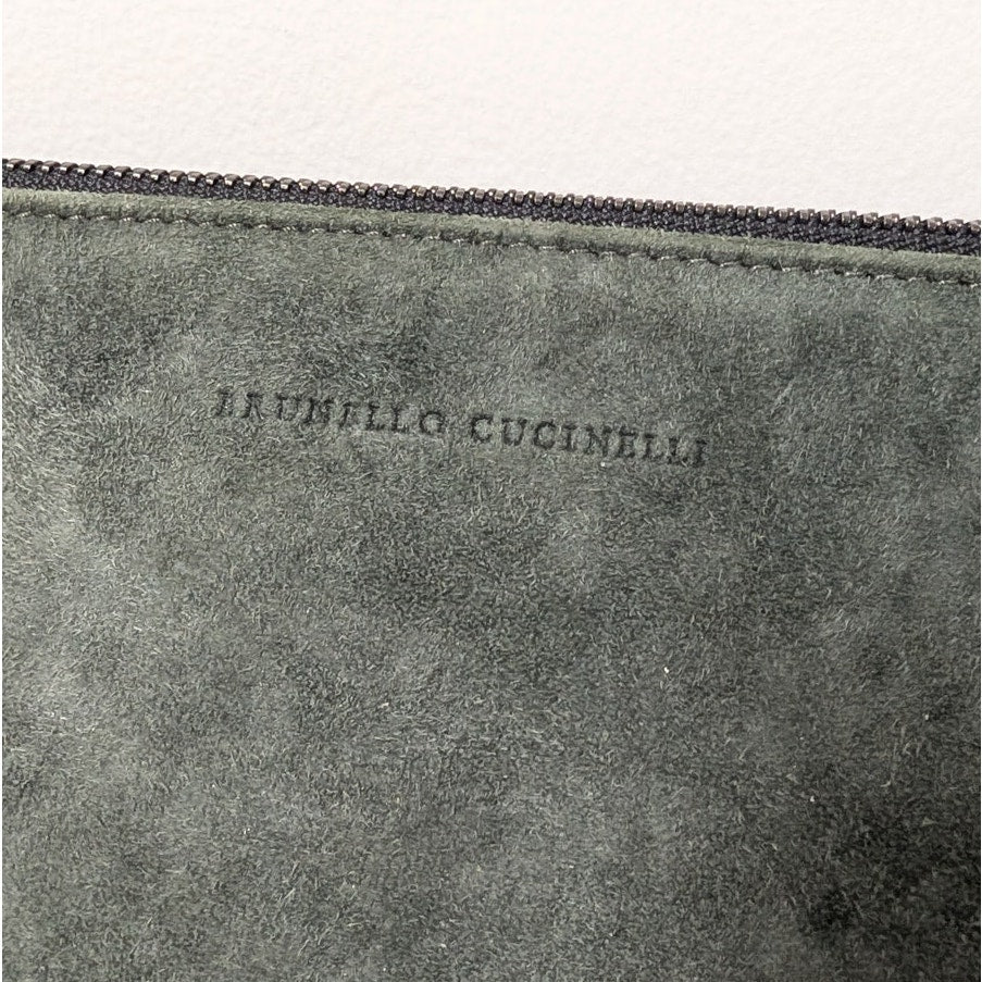 Brunello Cucinelli Green Suede Leather Pouch Cosmetic Bag Rare Womens Zipper