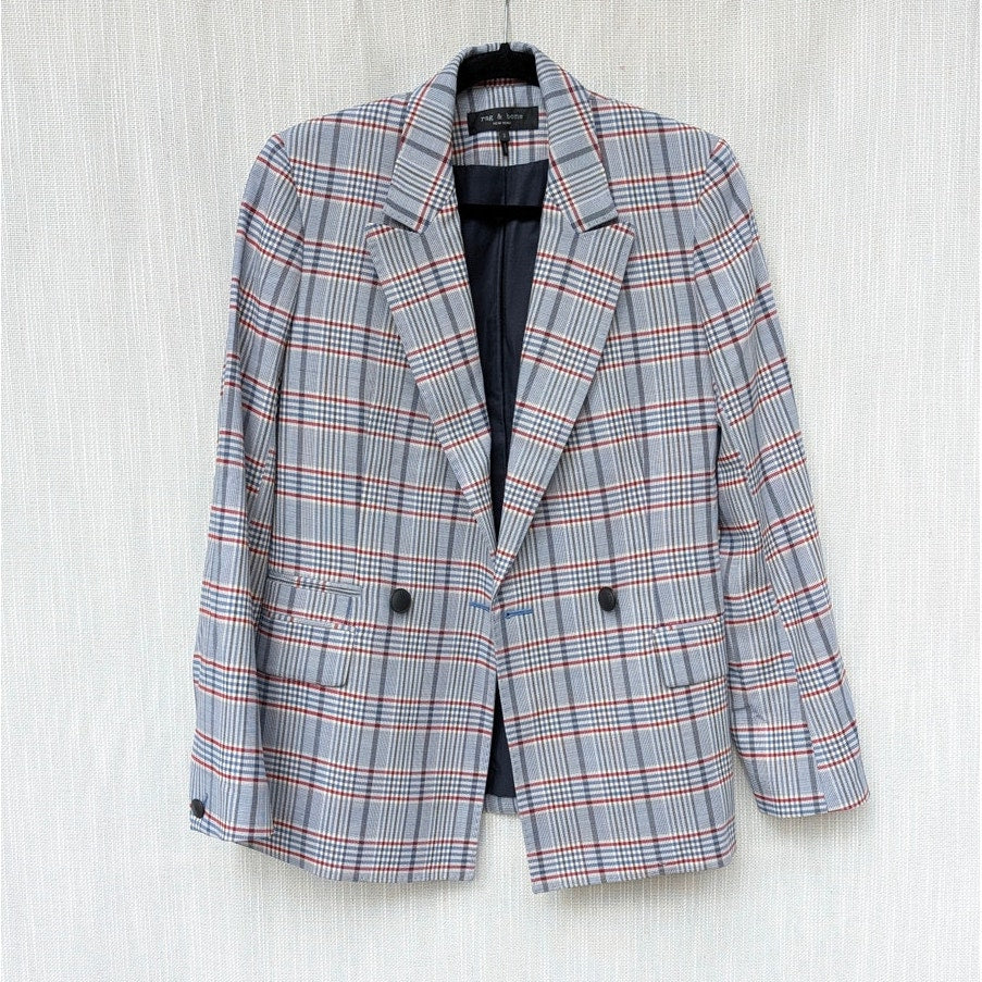 Rag & Bone Elise Wool Blend Plaid Blazer Womens 2 Gray/Blue Double-breasted