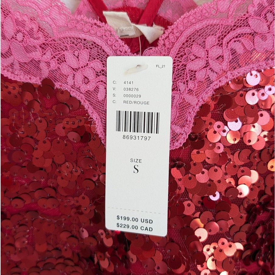 NWT Anthropologie Love Stories Willow Pink Lace Sequin Slip Short Dress, size S