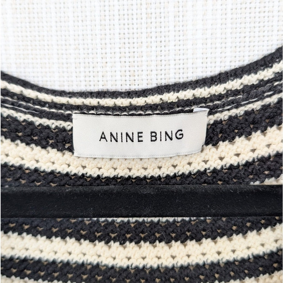 Anine Bing Arie Striped Crochet Knit Mini Dress Womens S Black Sleeveless