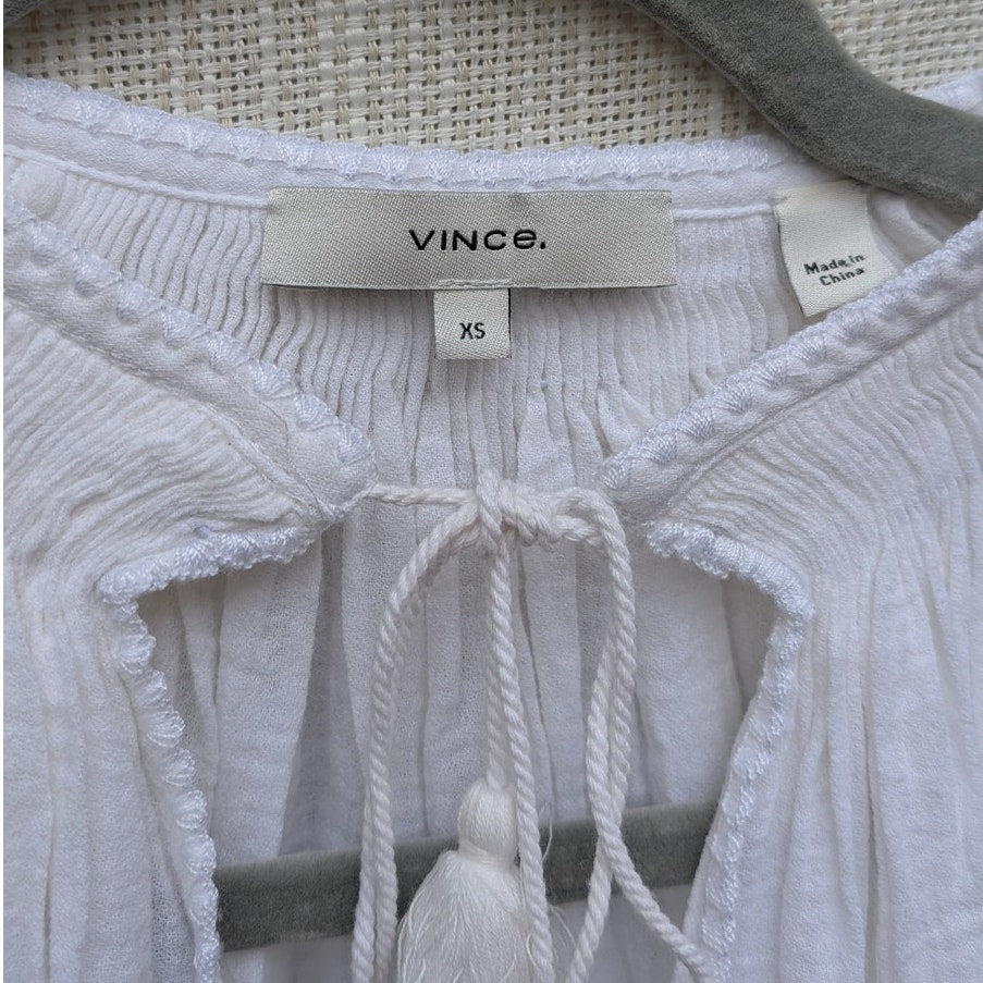 Vince Dress Womens XS White Gauze Sheer Peasant Tassel Long Sleeve Tunic Midi