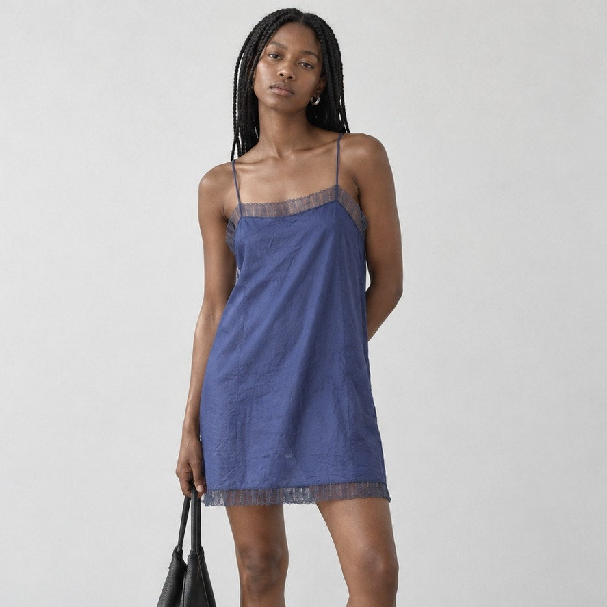 ERES Poupee Cotton Nightdress Slip Dress Womens S M Blue Lace Trim Adjustable