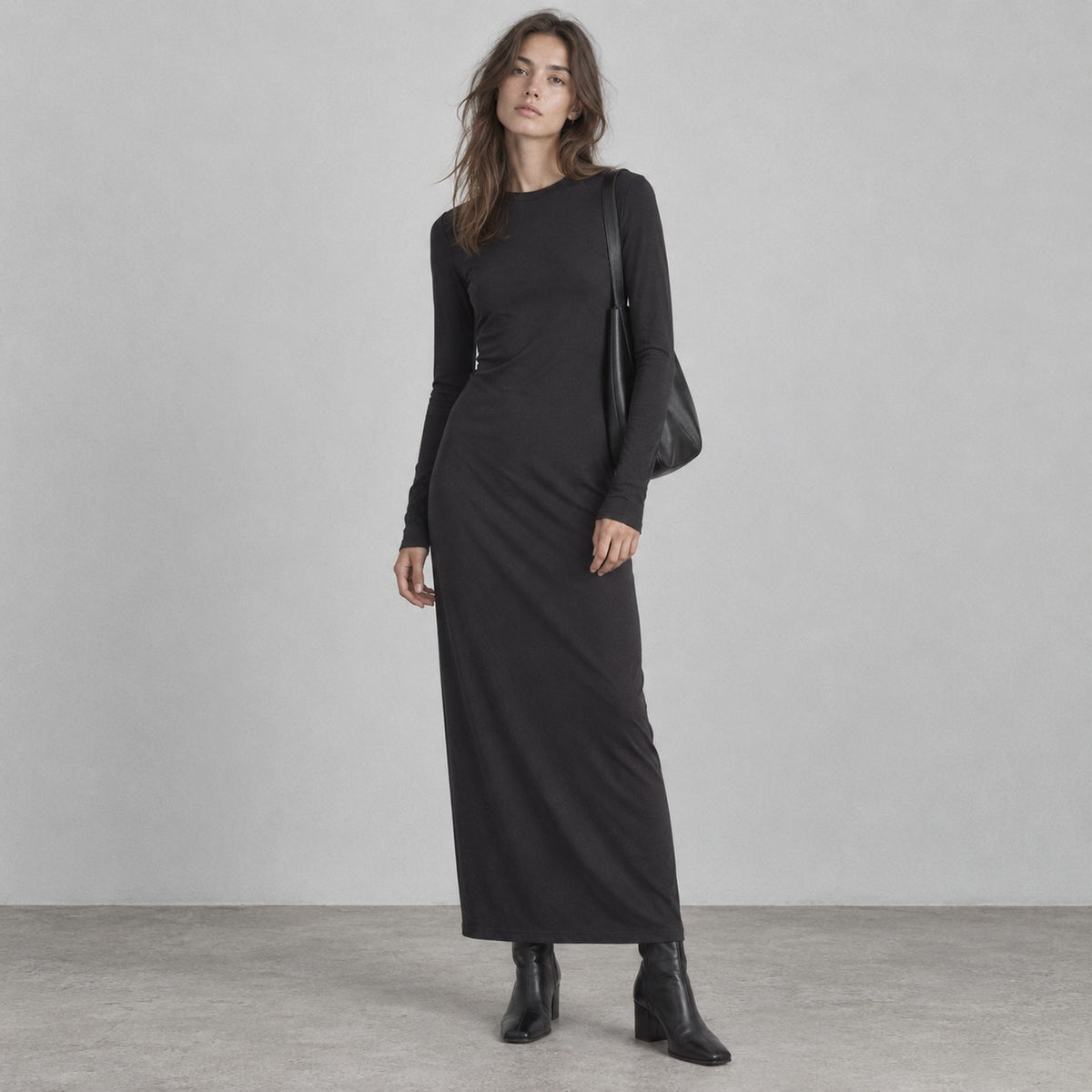 Raey Cotton-Blend Jersey Maxi Dress Womens UK10/S Black Crewneck Long Sleeve