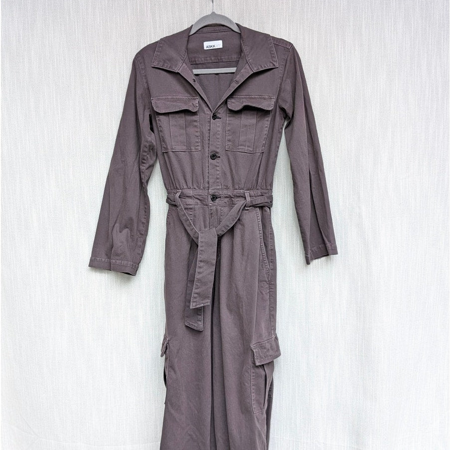 Anthropologie ASKK NY Cargo Jumpsuit Womens 1 Long Sleeve Button Front Wide Leg