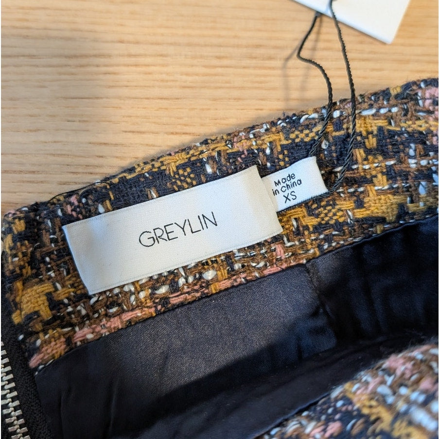 Greylin Skirt Womens XS Mini Black/Orange Tweed Plaid Straight NWT