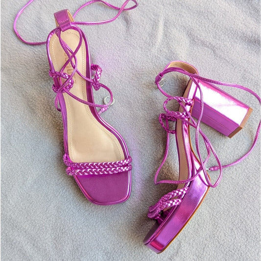NWOT Schutz Lunah Low Block Heel with Purple Metallic Tie Sandals, size 7.5B