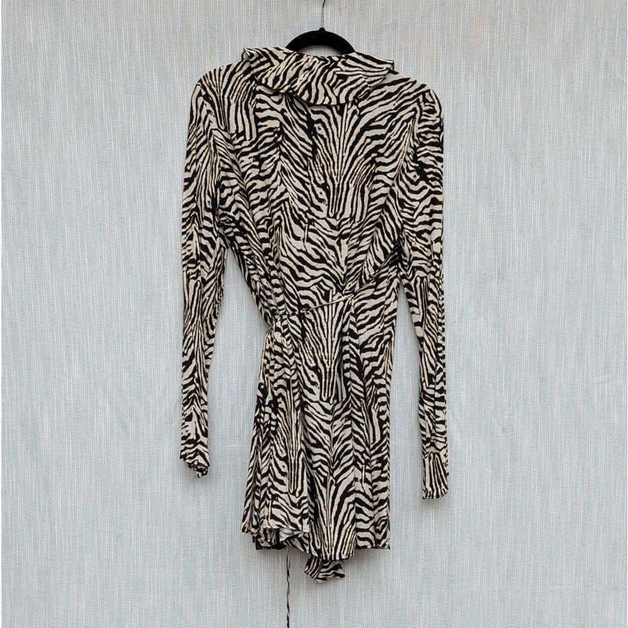 Zara Dress Womens L Cream/Black Animal print Long Sleeve Ruffle Wrap Style Mini
