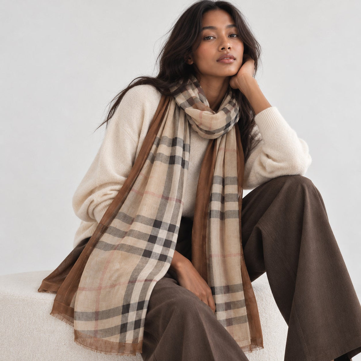 Burberry Brit Sheer Mega Check Cashmere Blend Scarf Brown Beige